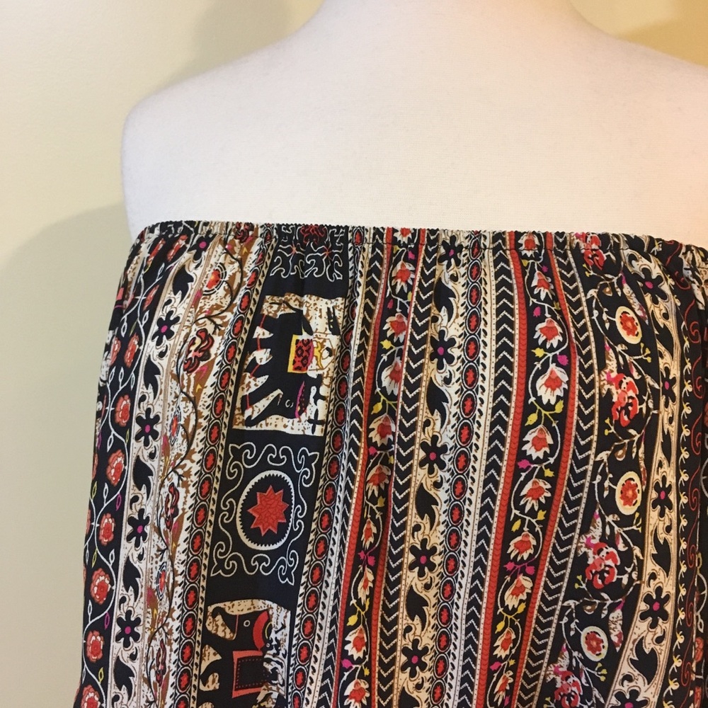 Boho Off Shoulder Floral Striped Cropped Tie Front Blouse - Picture 6 of 7